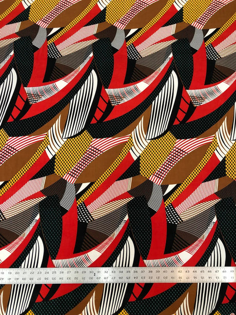 Polyester Spandex Abstract Design 2 Way Stretch Fabric - Abstract Print, Aqua/Yellow, Coral/Brown, Red/Yellow, 58" To 60" Width