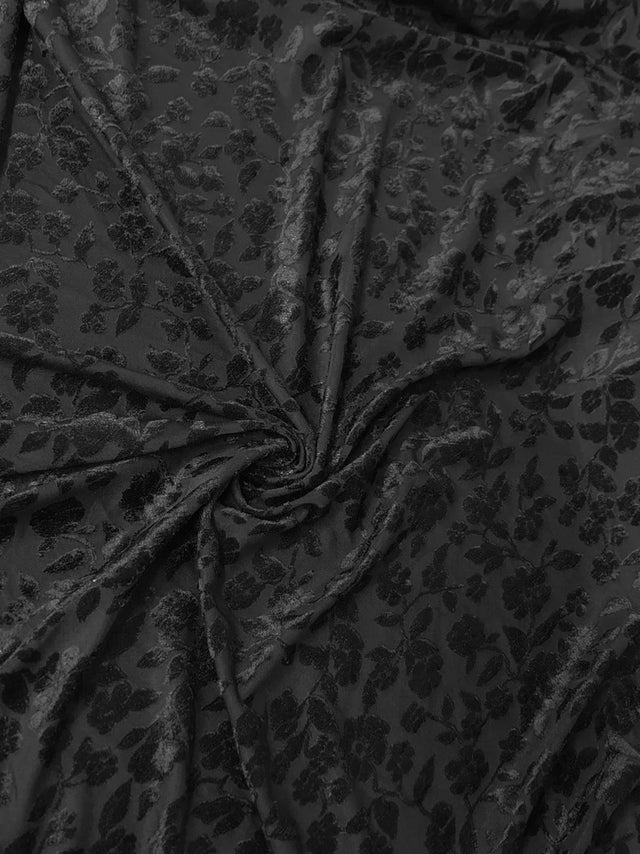 Floral Burnout Panne Velvet Polyester Spandex Fabric - Black Floral Burnout, 58"-60" Width