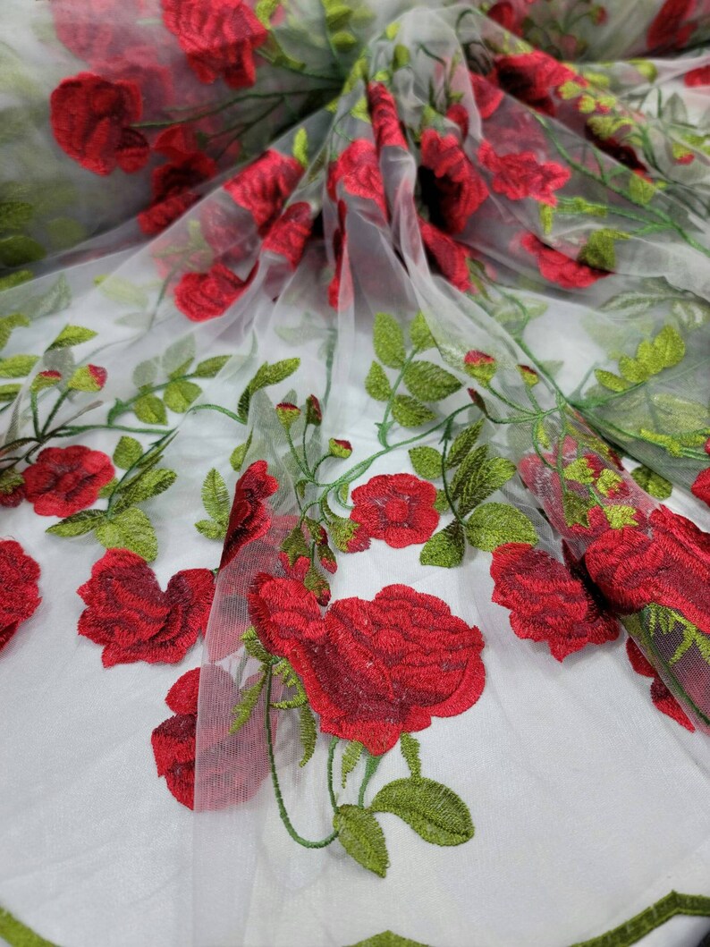 Embroidered Floral Lace White Red Green