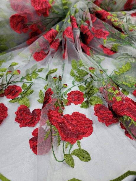 Embroidered Floral Lace White Red Green
