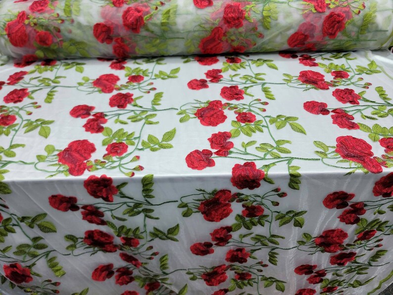 Embroidered Floral Lace White Red Green