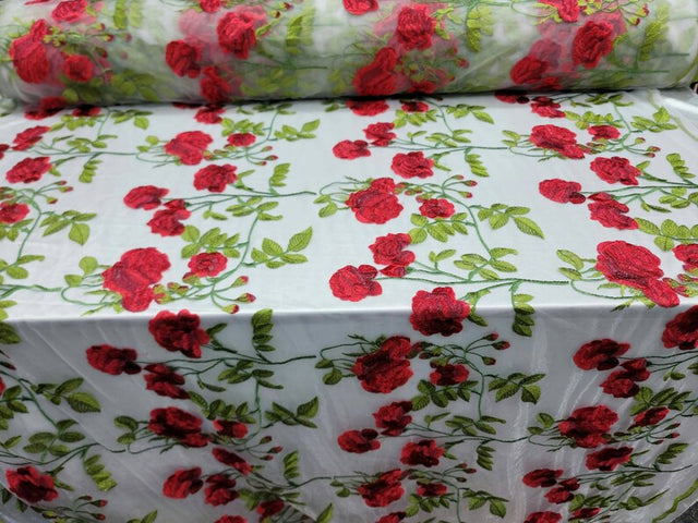 Embroidered Floral Lace White Red Green