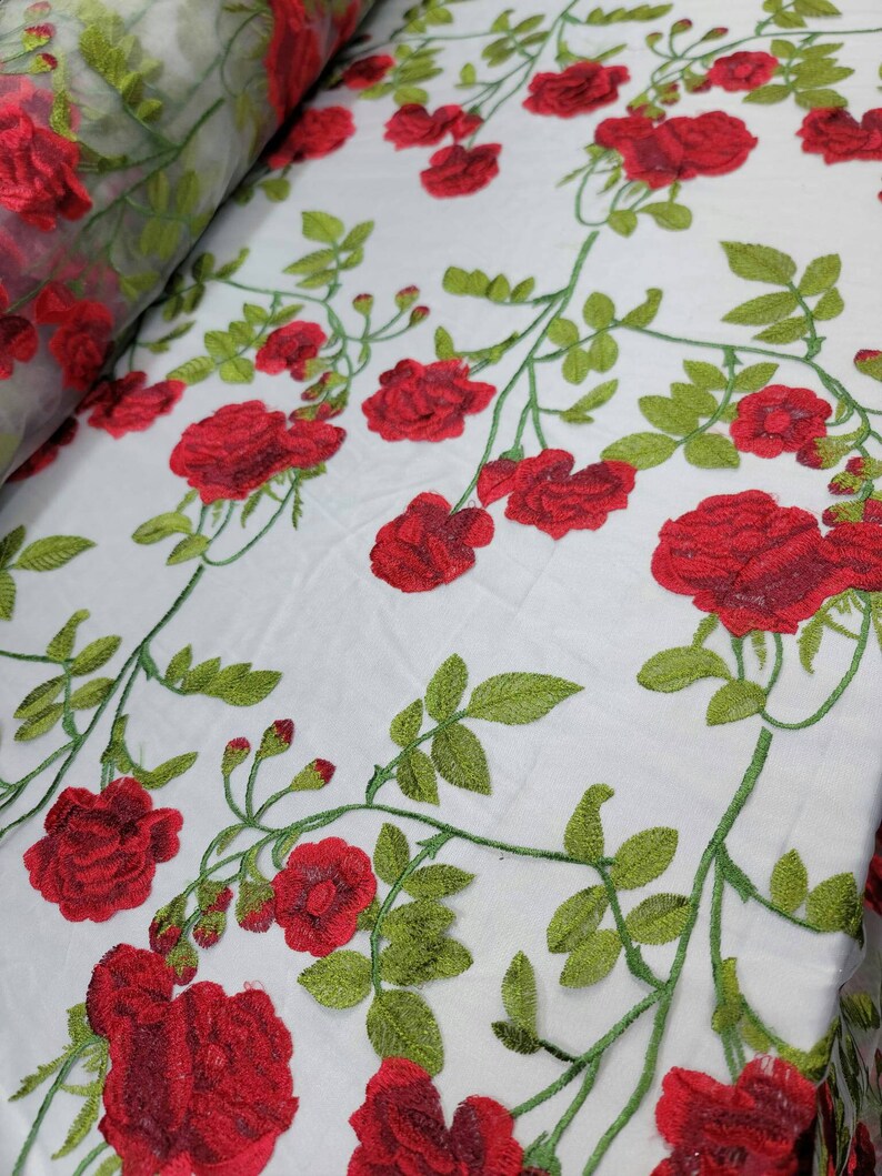 Embroidered Floral Lace White Red Green