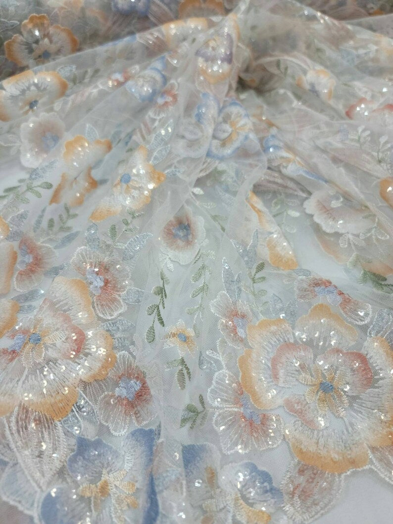 Embroidered Sequin Lace White Multicolor Floral