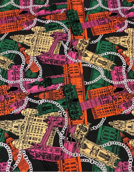 Big Buildings Print Polyester ITY Matte Jersey Fabric - Big Structures Print, 58" Width