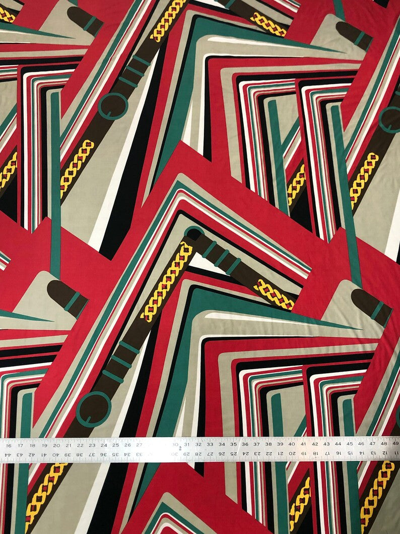 Belt Chain Lines Design Polyester Spandex Fabric - Green/Red, Pink/Hunter Green, 2-Way Stretch, 58" Width