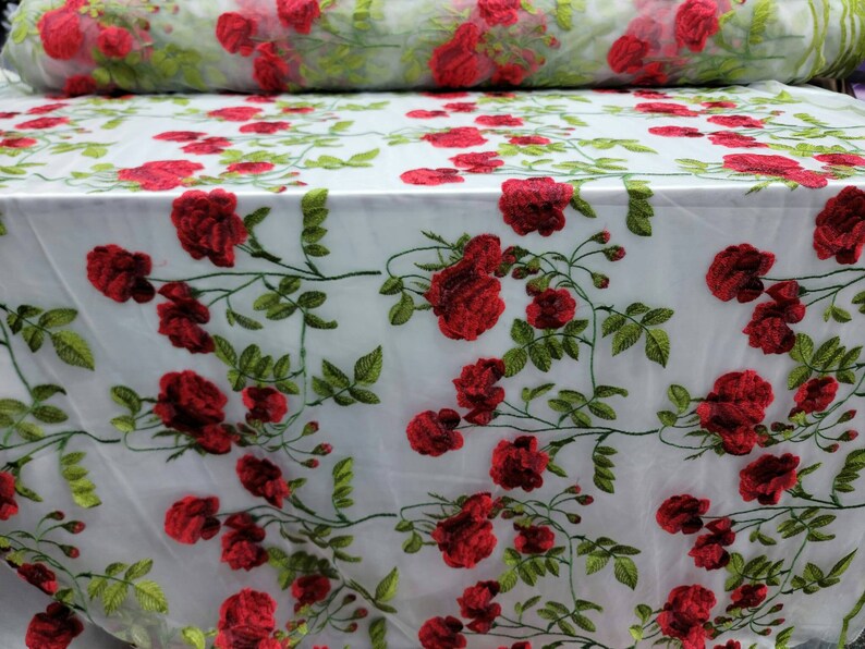Embroidered Floral Lace White Red Green