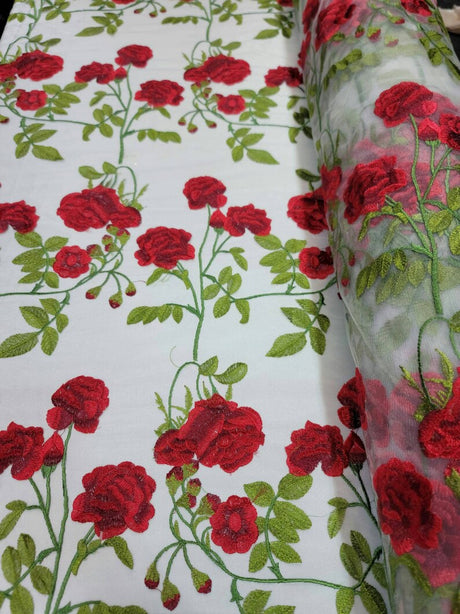 Embroidered Floral Lace White Red Green