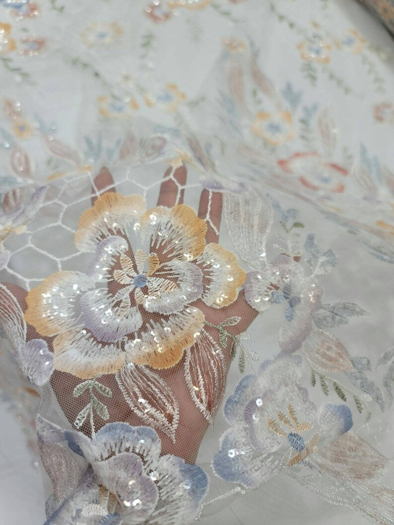Embroidered Sequin Lace White Multicolor Floral