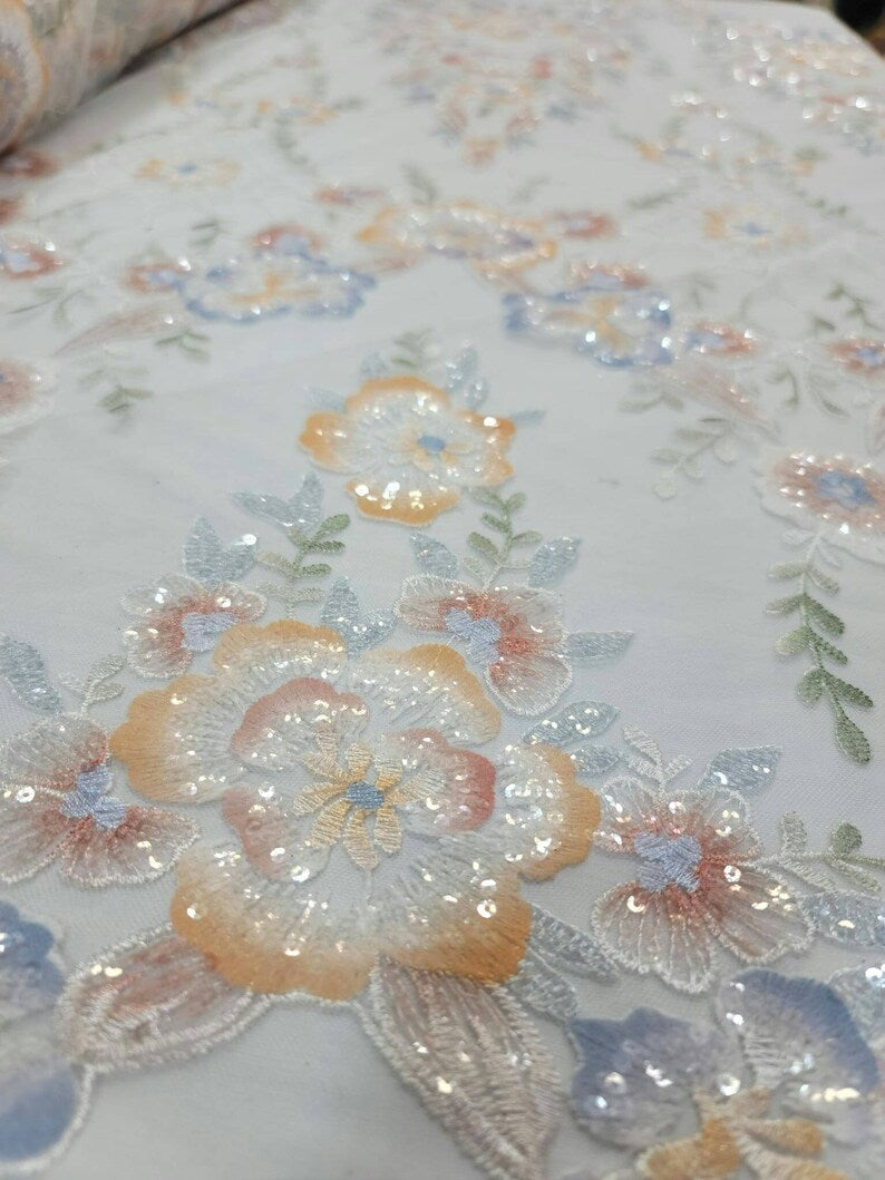 Embroidered Sequin Lace White Multicolor Floral