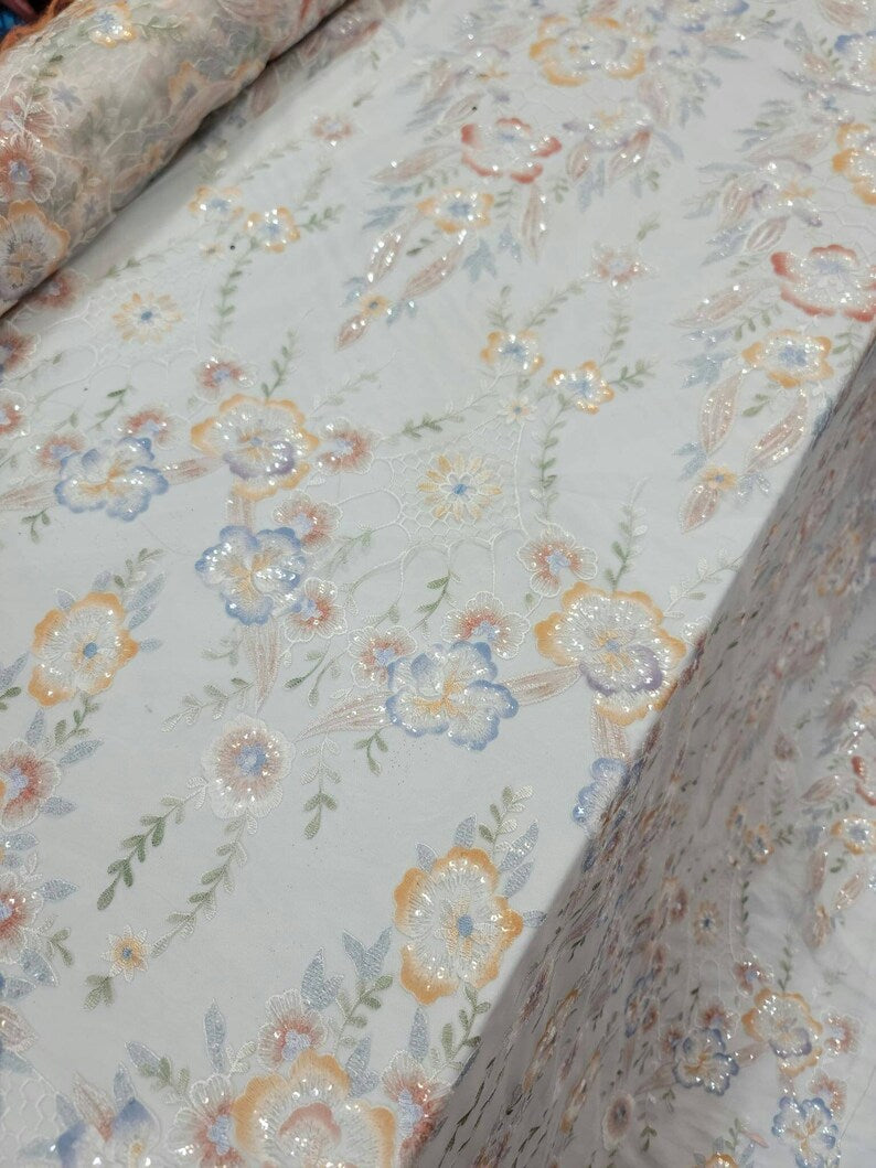 Embroidered Sequin Lace White Multicolor Floral