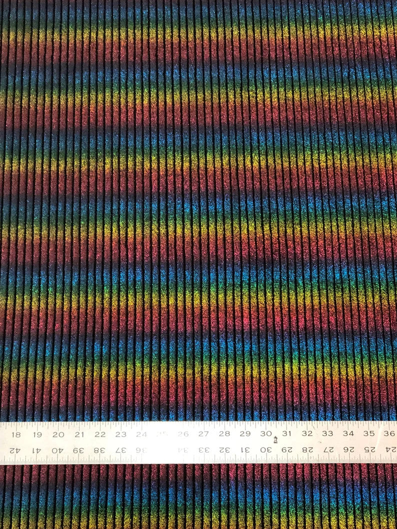 Rainbow Striped Lurex On Black Velvet Polyester Spandex Fabric - Rainbow Stripes, Black, 58" Width