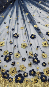 Navy Blue Lace Gold Floral Mesh
