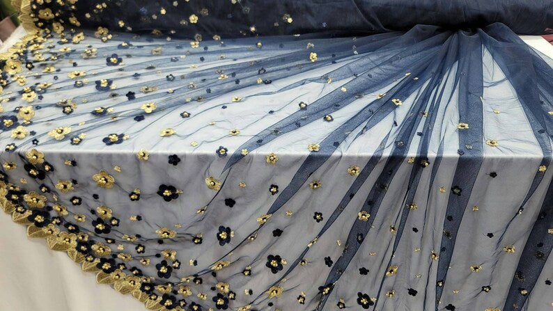 Navy Blue Lace Gold Floral Mesh