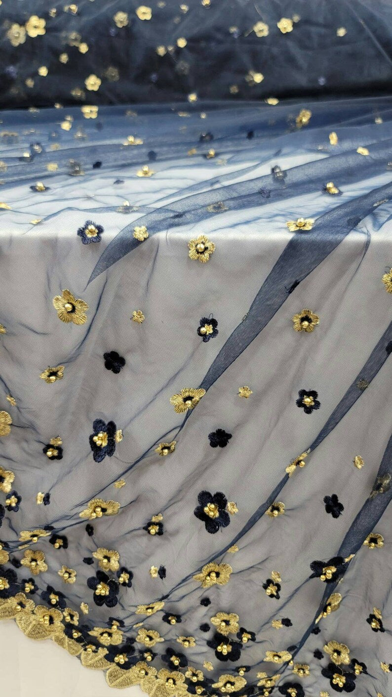 Navy Blue Lace Gold Floral Mesh