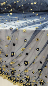 Navy Blue Lace Gold Floral Mesh