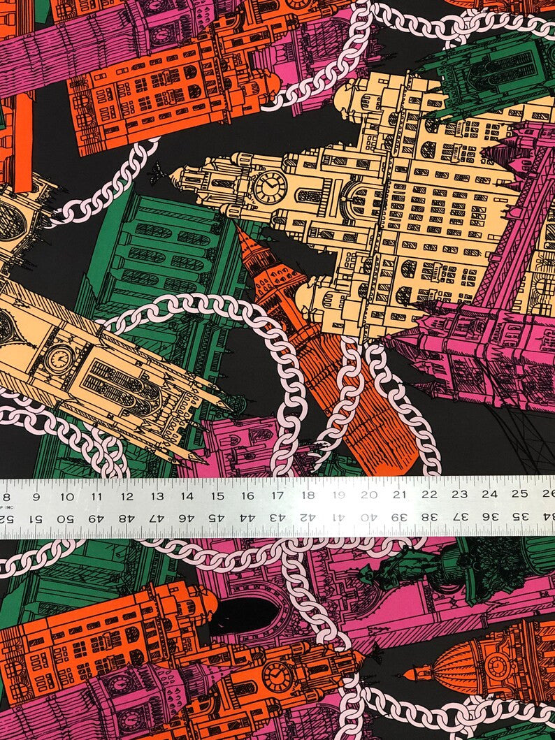 Big Buildings Print Polyester ITY Matte Jersey Fabric - Big Structures Print, 58" Width