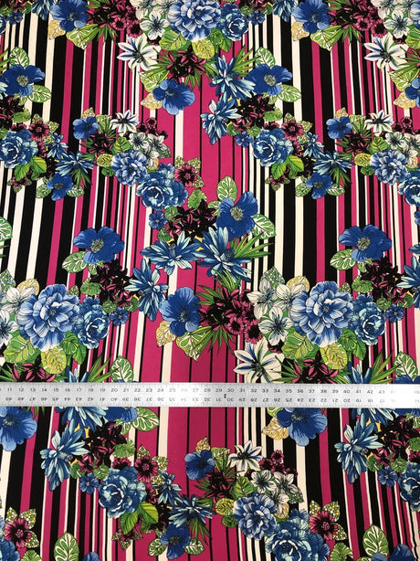 Floral And Striped Print Polyester Spandex Fabric - Floral And Striped Print, 58"-60" Width