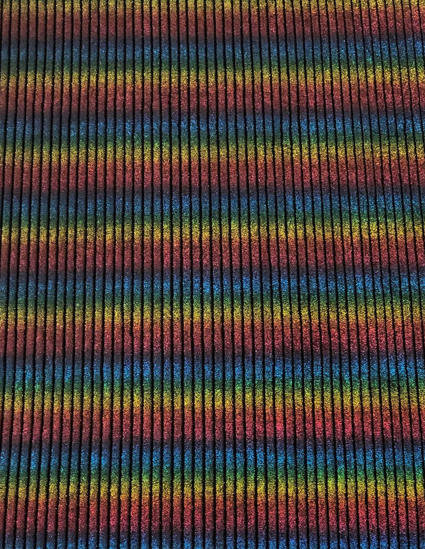 Rainbow Striped Lurex On Black Velvet Polyester Spandex Fabric - Rainbow Stripes, Black, 58" Width