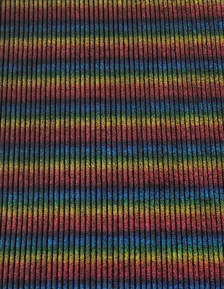 Rainbow Striped Lurex On Black Velvet Polyester Spandex Fabric - Rainbow Stripes, Black, 58" Width