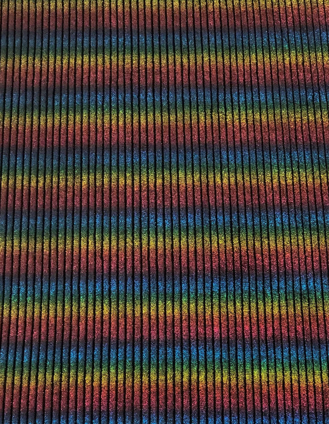 Rainbow Striped Lurex On Black Velvet Polyester Spandex Fabric - Rainbow Stripes, Black, 58" Width