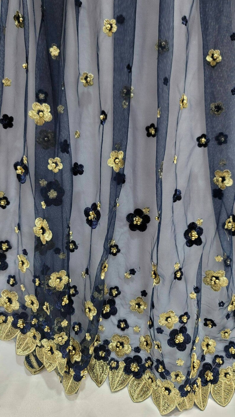 Navy Blue Lace Gold Floral Mesh