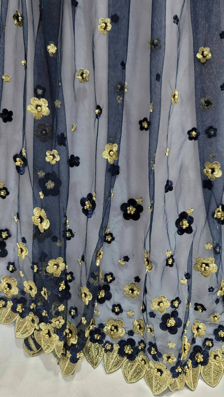 Navy Blue Lace Gold Floral Mesh