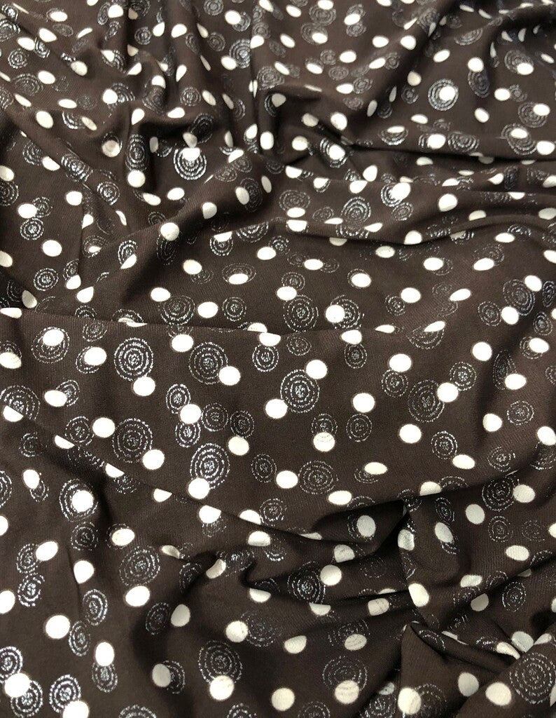 Polyester Spandex ITY Matte Jersey Fabric - 5Mm Polka Dots, Silver Swirl, 58-60" Width