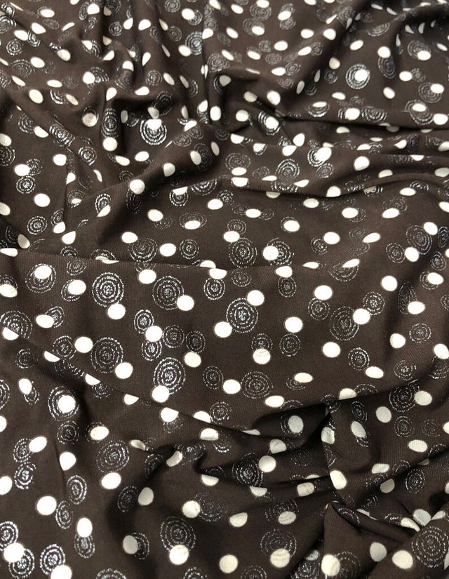 Polyester Spandex ITY Matte Jersey Fabric - 5Mm Polka Dots, Silver Swirl, 58-60" Width