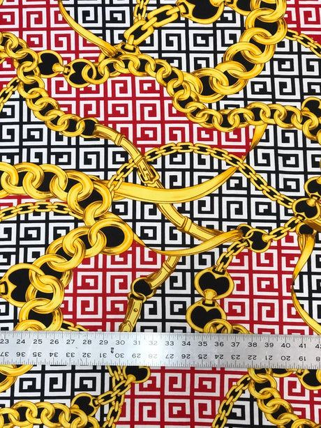 Abstract Chain Design Polyester Spandex Fabric - Red/Gold, White/Gold, Fuchsia/Gold, Abstract Chain Pattern, 58" Width
