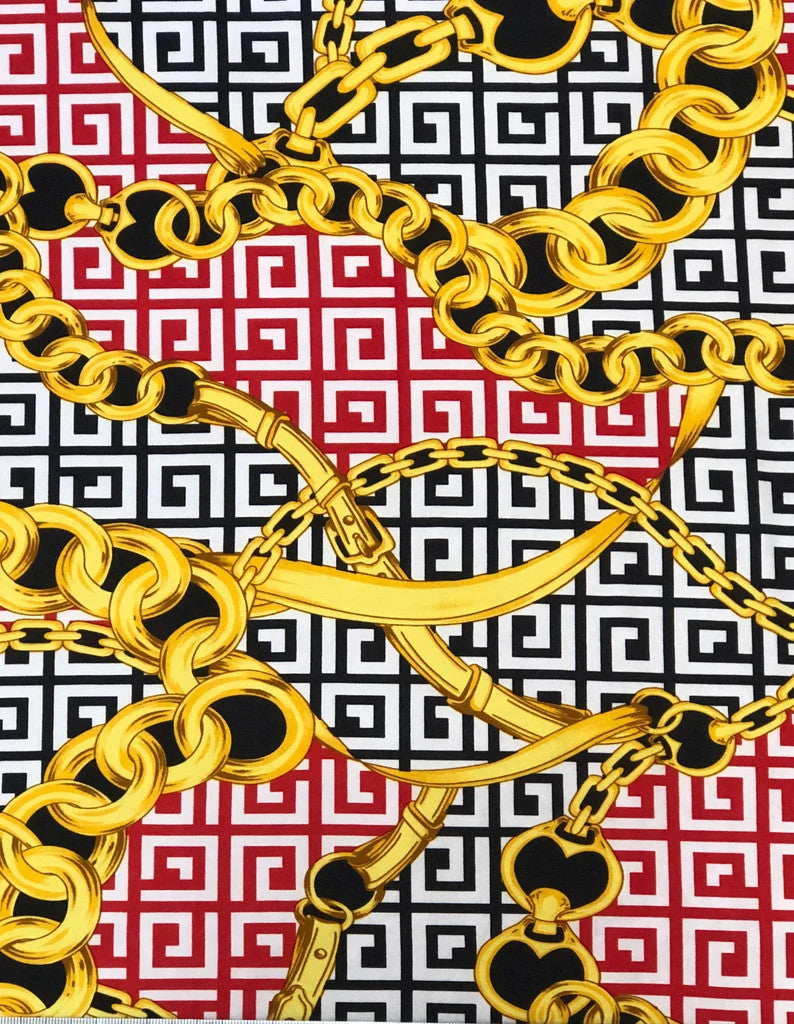 Abstract Chain Design Polyester Spandex Fabric - Red/Gold, White/Gold, Fuchsia/Gold, Abstract Chain Pattern, 58" Width