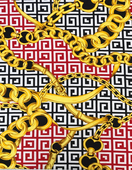 Abstract Chain Design Polyester Spandex Fabric - Red/Gold, White/Gold, Fuchsia/Gold, Abstract Chain Pattern, 58" Width