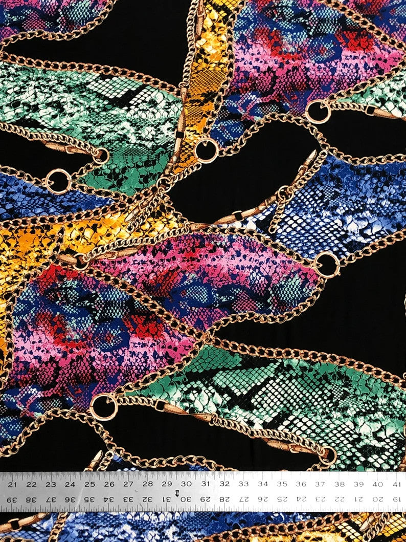 Colorful Animal Print W/ Chains On Black Polyester Spandex Fabric - Black, Animal Print, 58 To 60 Inches Wide