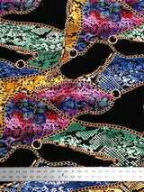 Colorful Animal Print W/ Chains On Black Polyester Spandex Fabric - Black, Animal Print, 58 To 60 Inches Wide
