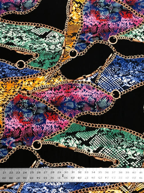 Colorful Animal Print W/ Chains On Black Polyester Spandex Fabric - Black, Animal Print, 58 To 60 Inches Wide