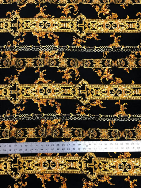 Gold Abstract Chains On Black Polyester Spandex Fabric - Black, Gold Abstract Chains, 58" To 60" Width