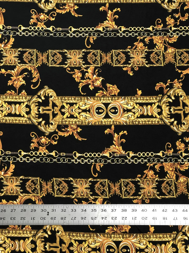 Gold Abstract Chains On Black Polyester Spandex Fabric - Black, Gold Abstract Chains, 58" To 60" Width