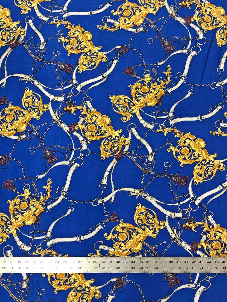 Gold Chain Belt Abstract Design Polyester Spandex Fabric - Royal/Gold, Dark Navy/Pink, 58" Width