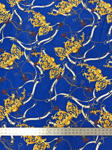 Gold Chain Belt Abstract Design Polyester Spandex Fabric - Royal/Gold, Dark Navy/Pink, 58" Width