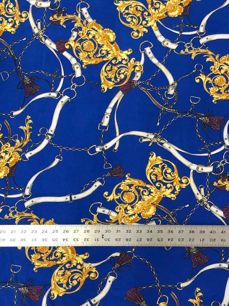 Gold Chain Belt Abstract Design Polyester Spandex Fabric - Royal/Gold, Dark Navy/Pink, 58" Width