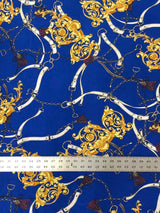 Gold Chain Belt Abstract Design Polyester Spandex Fabric - Royal/Gold, Dark Navy/Pink, 58" Width