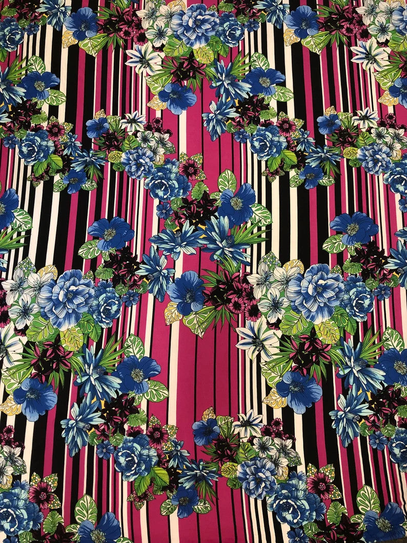 Floral And Striped Print Polyester Spandex Fabric - Floral And Striped Print, 58"-60" Width