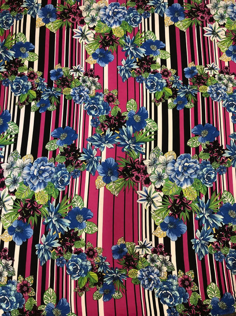 Floral And Striped Print Polyester Spandex Fabric - Floral And Striped Print, 58"-60" Width