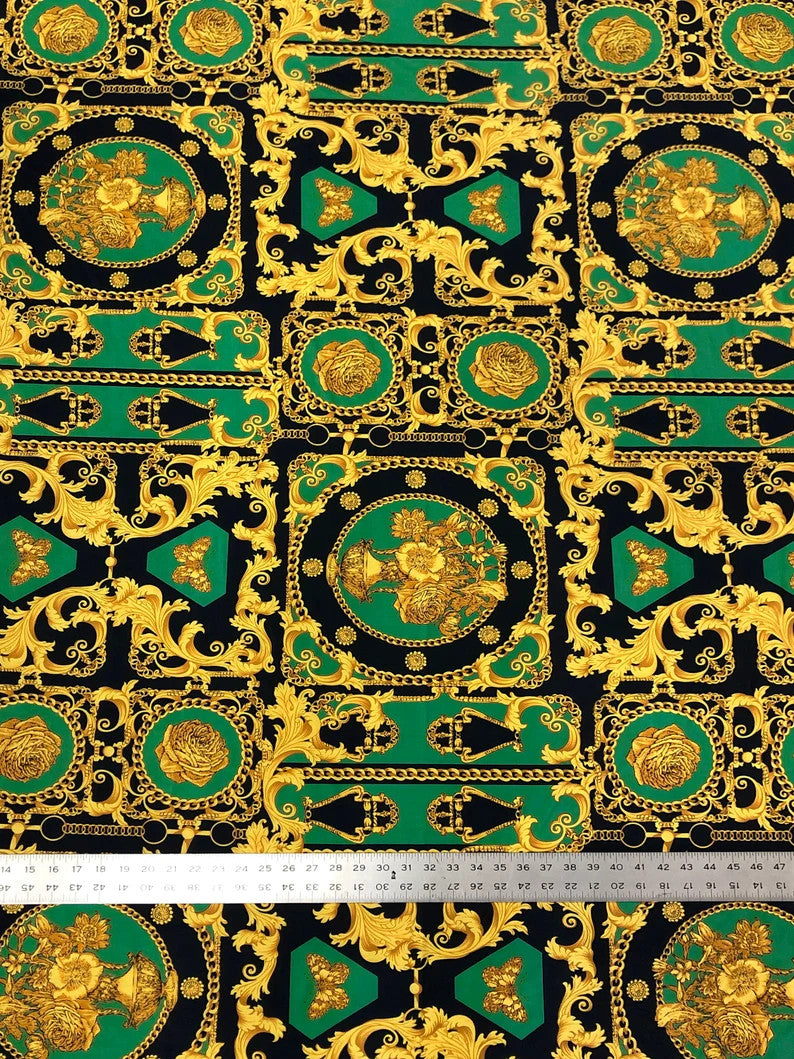 Gold Abstract Print Polyester Spandex Fabric - White, Green, Pink, Royal Abstract Print, 58"-60" Width