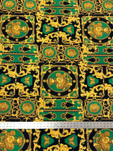 Gold Abstract Print Polyester Spandex Fabric - White, Green, Pink, Royal Abstract Print, 58"-60" Width