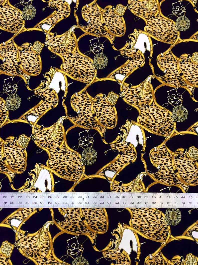 Big Animal Gold Belt Print Polyester Single Spun Fabric - Navy Background, Animal Print, 58"-60" Width (1 Yard)