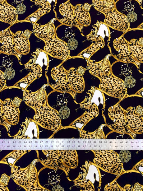 Big Animal Gold Belt Print Polyester Single Spun Fabric - Navy Background, Animal Print, 58"-60" Width (1 Yard)