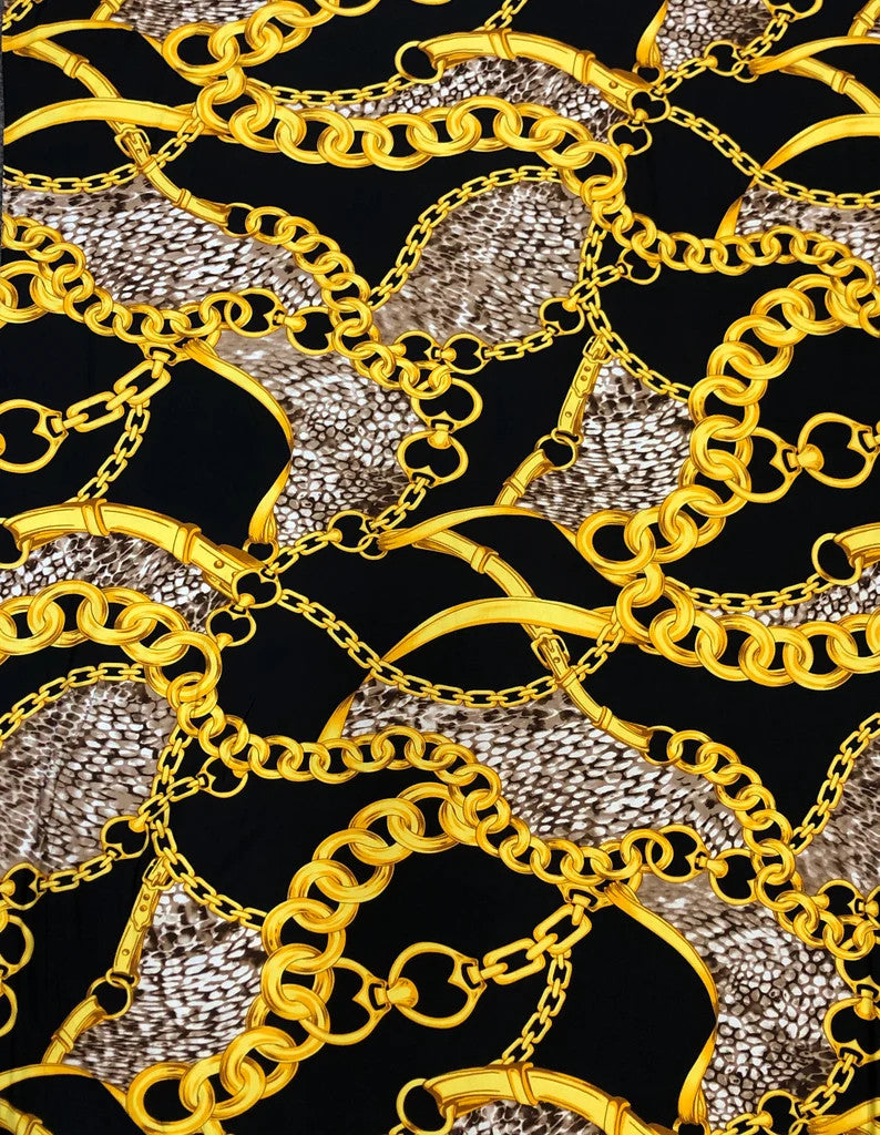 Gold Chains & Animal Print Polyester Spandex Fabric - White, Black, 58" Width