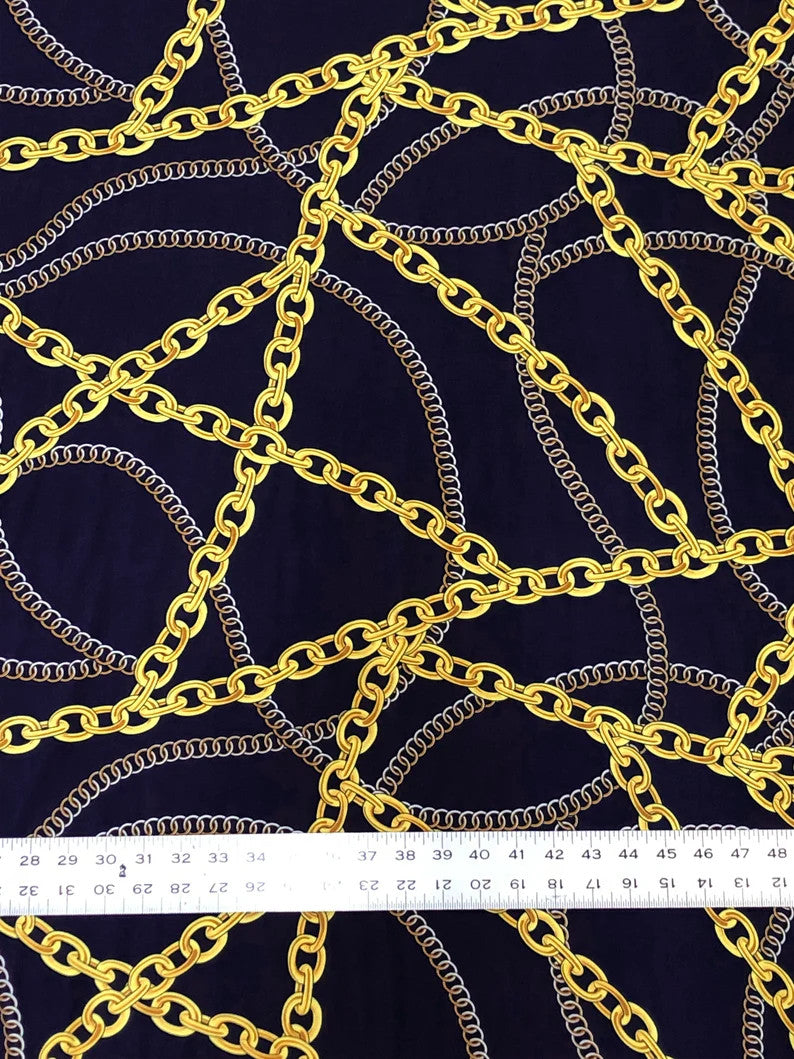 Gold Chains Print Polyester Spandex Fabric - Gold Chain Print, Navy, White, 58-60 Inches Wide