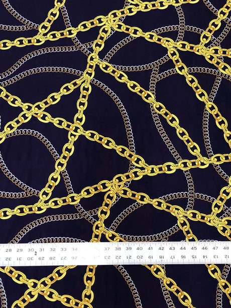 Gold Chains Print Polyester Spandex Fabric - Gold Chain Print, Navy, White, 58-60 Inches Wide